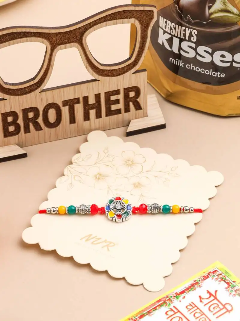 Men multicolor artificial stones & beads floral design thread rakhi combo