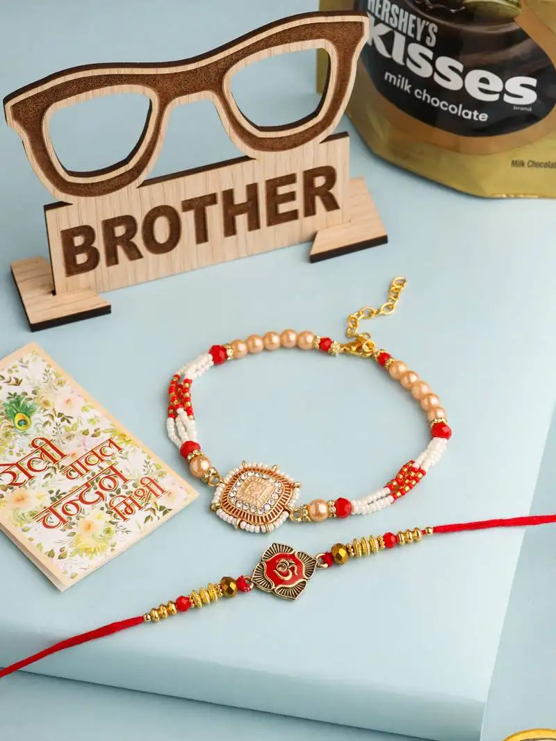 Set of 2 gold toned artificial stones & beads om design bhaiya bhabhi rakhi combo