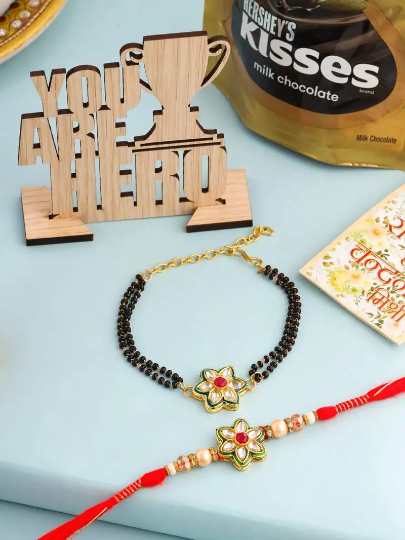 Set of 2 gold toned kundan studded floral shape bhaiya bhabhi rakhi combo