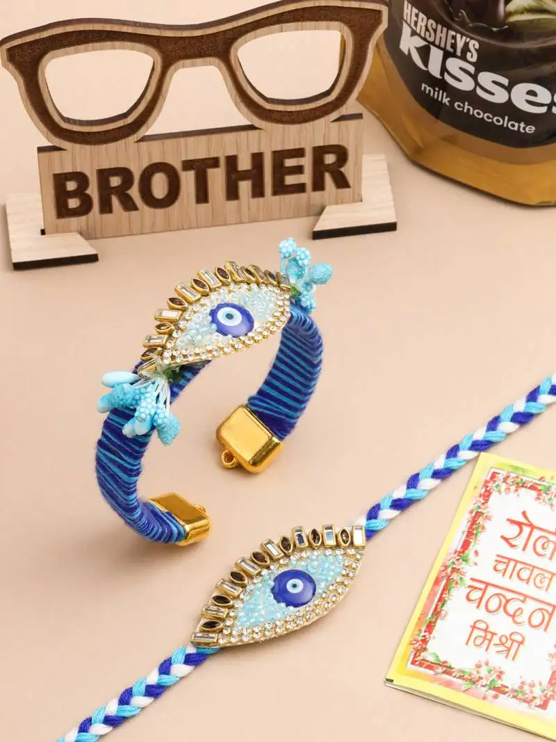 Set of 2 blue evil eye & kundan studded handcrafted bhaiya bhabhi rakhi combo