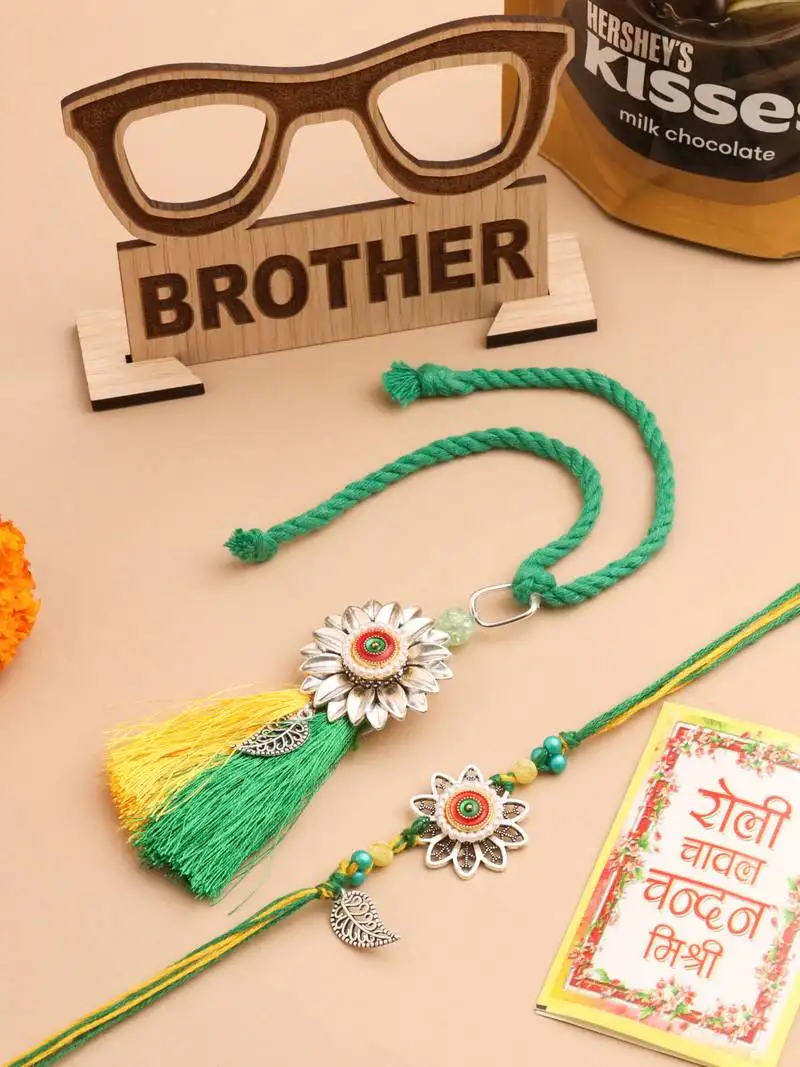 Set of 2 green pearls bhaiya bhabhi thread rakhi, combo for rakshabandhan