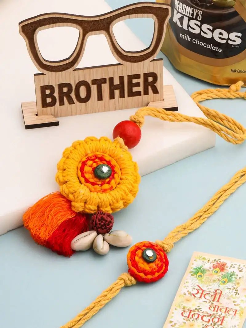 Set of 2 yellow sea shell round floral design bhaiya bhabhi rakhi combo