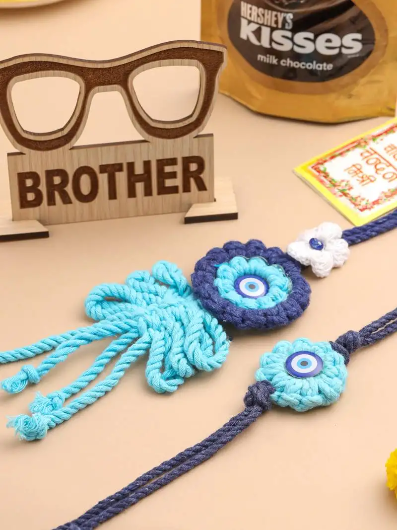 Set of 2 blue evil eye floral style bhaiya bhabhi rakhi set, combo for rakshabandhan