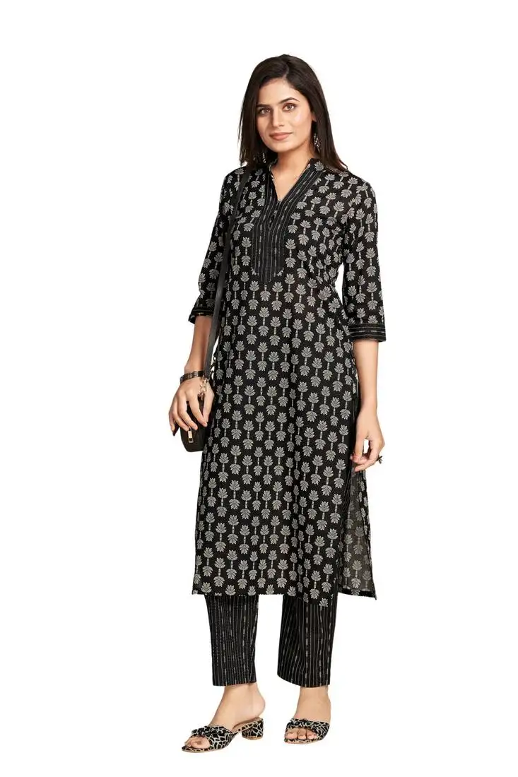 Black printed pure cotton kurta set