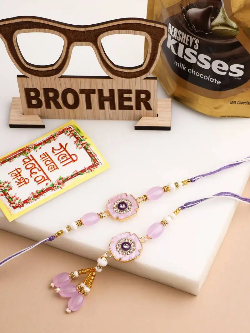 Set of 2 purple artificial stones & beads floral design thread bhaiya bhabhi rakhi combo