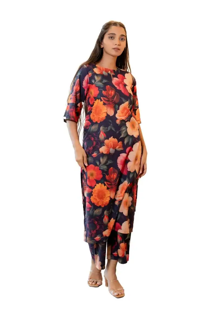 Notched neck floral printed cotton kurta set