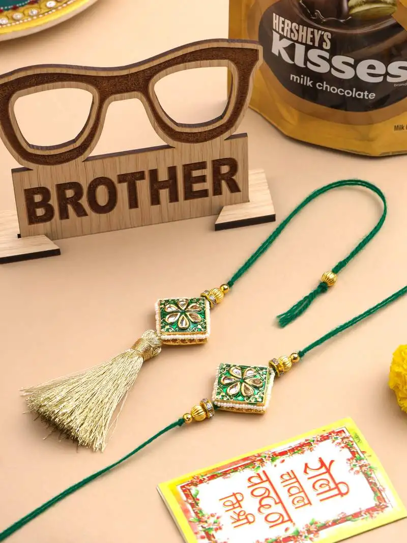 Set of 2 handmade green kundan studded bhaiya bhabhi rakhi set, combo for rakshabandhan