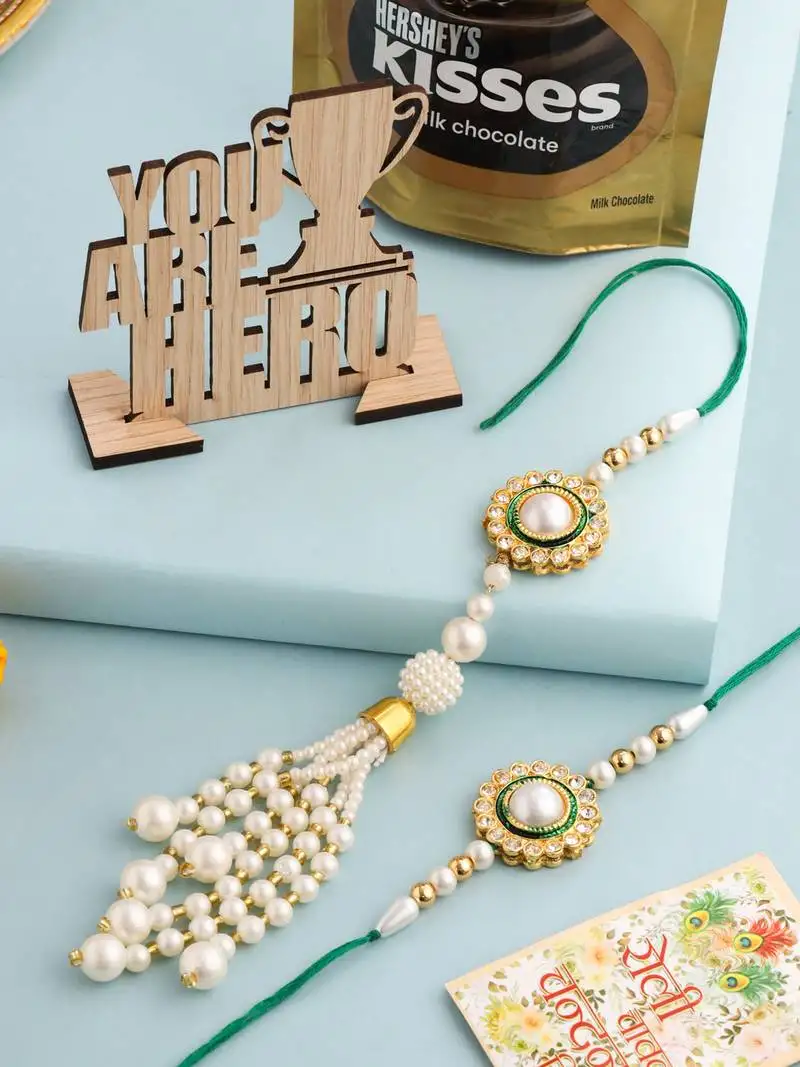 Set of 2 white & green stone studded handcrafted bhaiya bhabhi thread rakhi combo