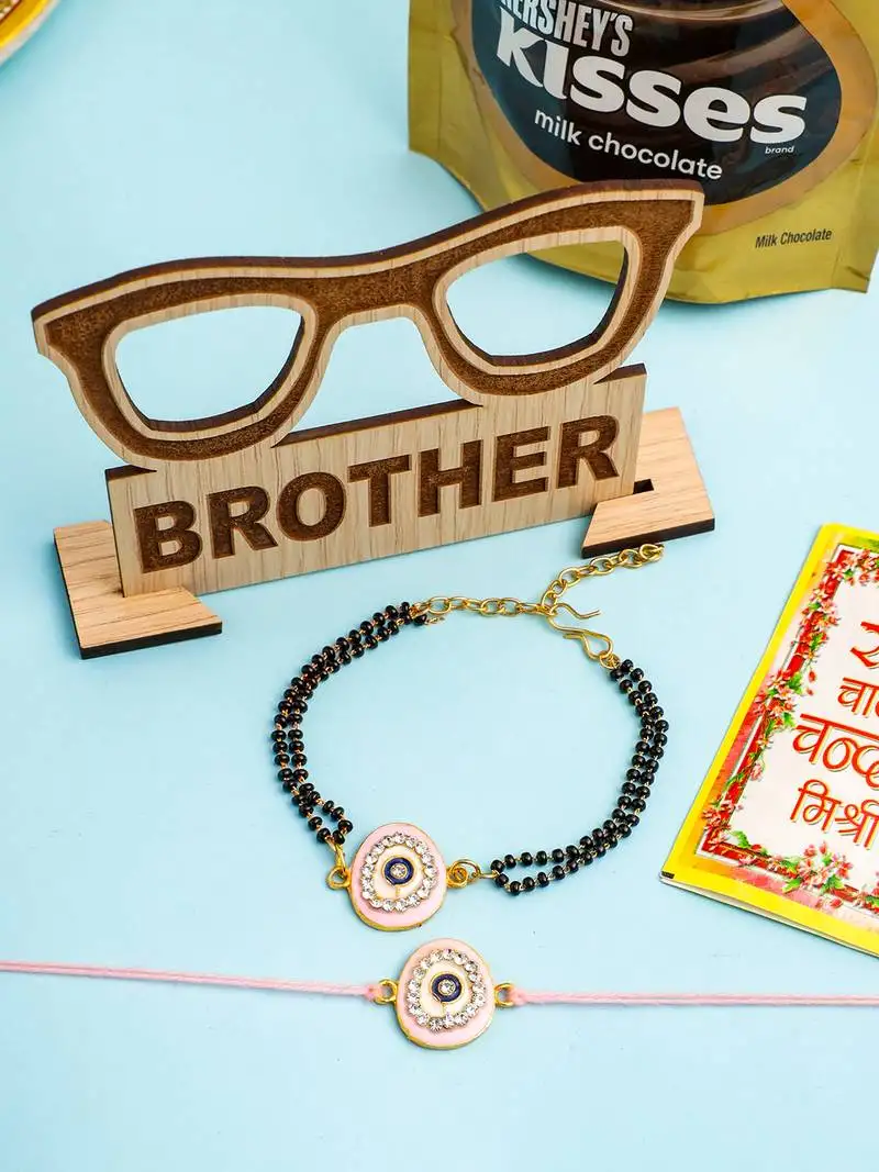 Set of 2 pink round shape artificial stones bhaiya bhabhi rakhi combo