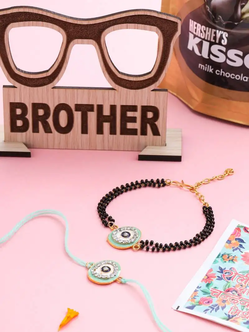 Set of 2 green round shape artificial stones bhaiya bhabhi rakhi combo