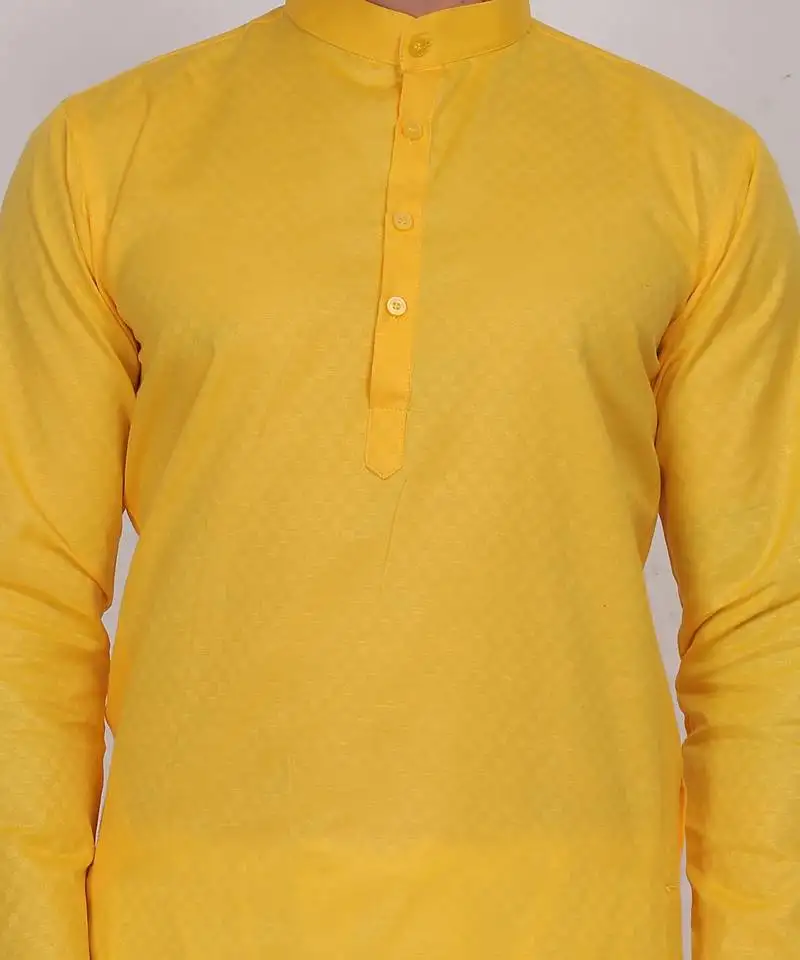 Yellow self weaving cotton straight kurta