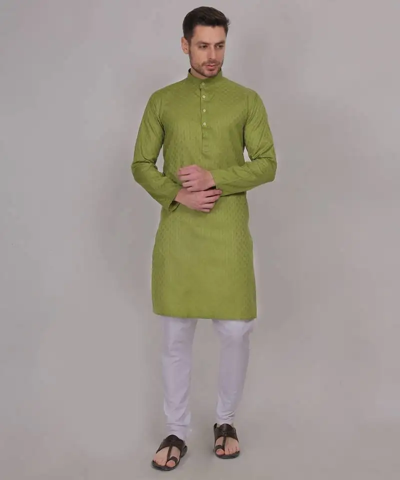 Green self weaving cotton straight kurta
