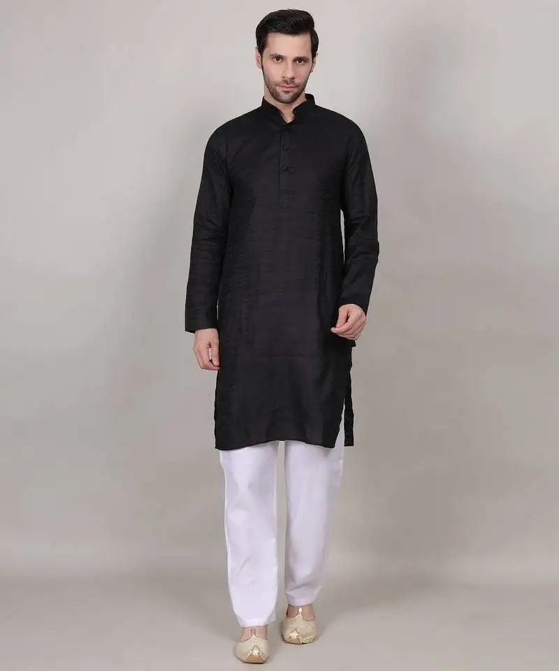 Black self weaving cotton straight kurta