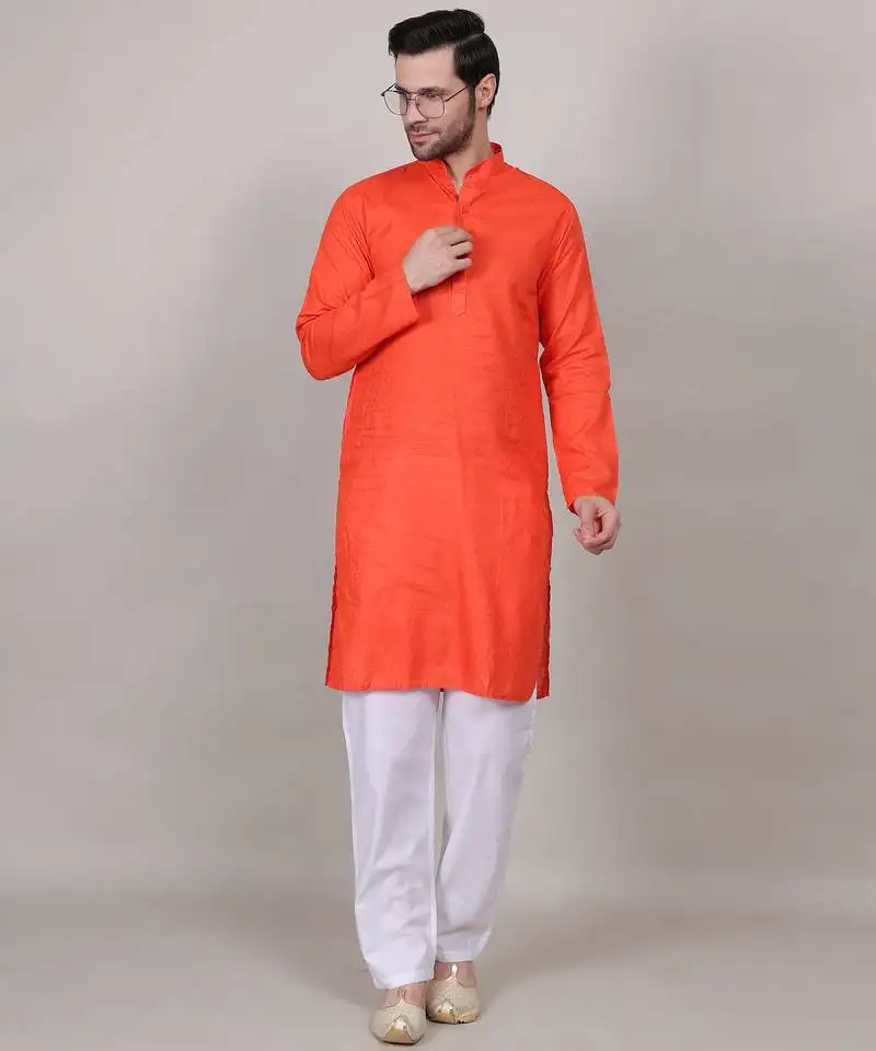 Saffron self weaving cotton straight kurta
