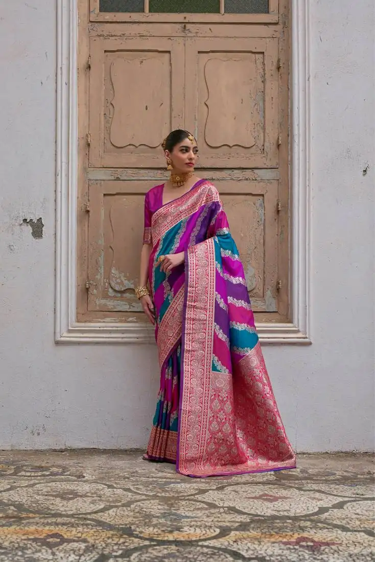 Pink banarasi silk blend weaving saree with zari woven fancy tassels