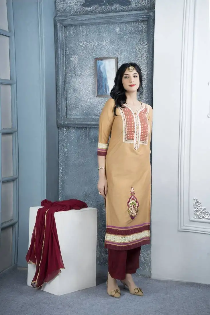 Beige cotton embroidered straight cut kurta &