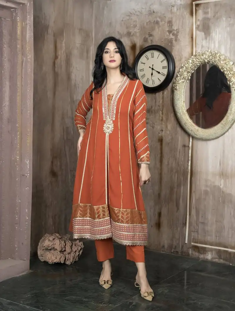 Orange georgette embroidered a line kurta &