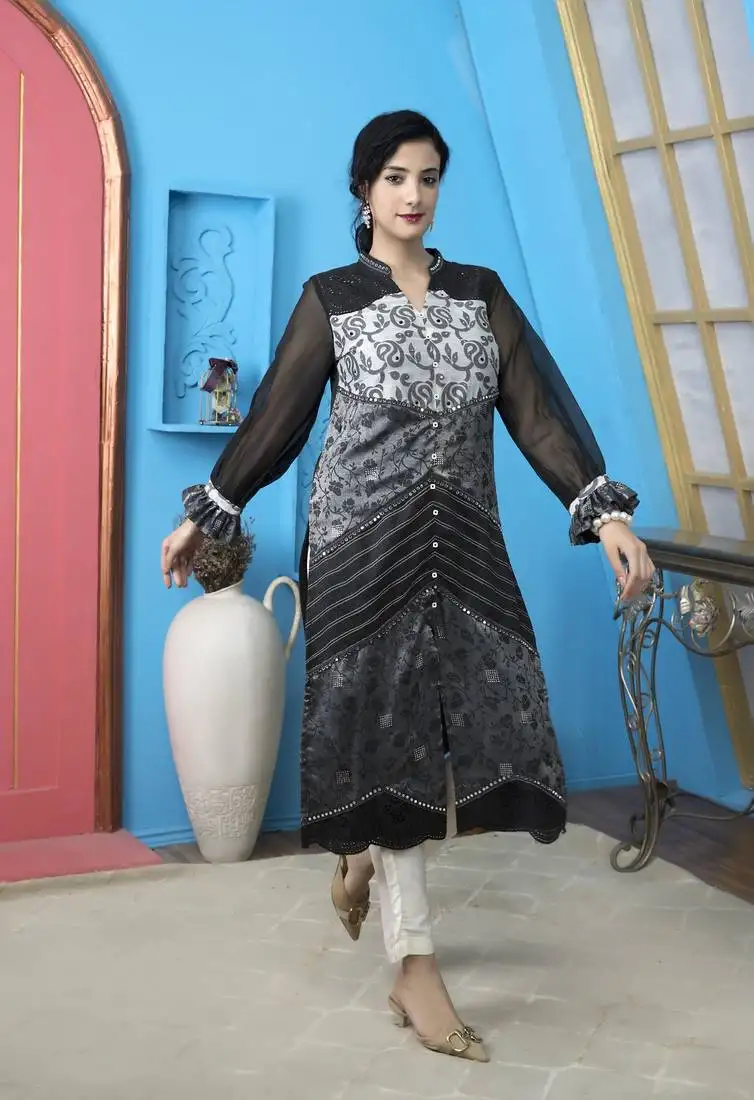 Black chanderi embroidered a line kurta &