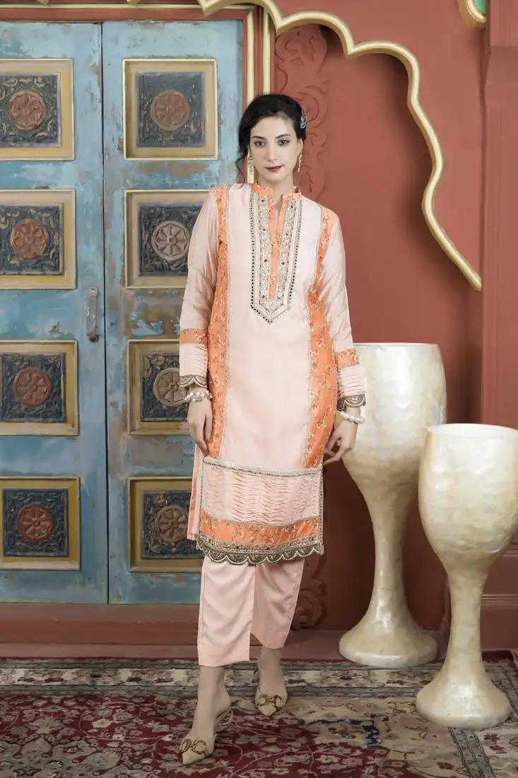Light-peach chanderi embroidered straight cut kurta &