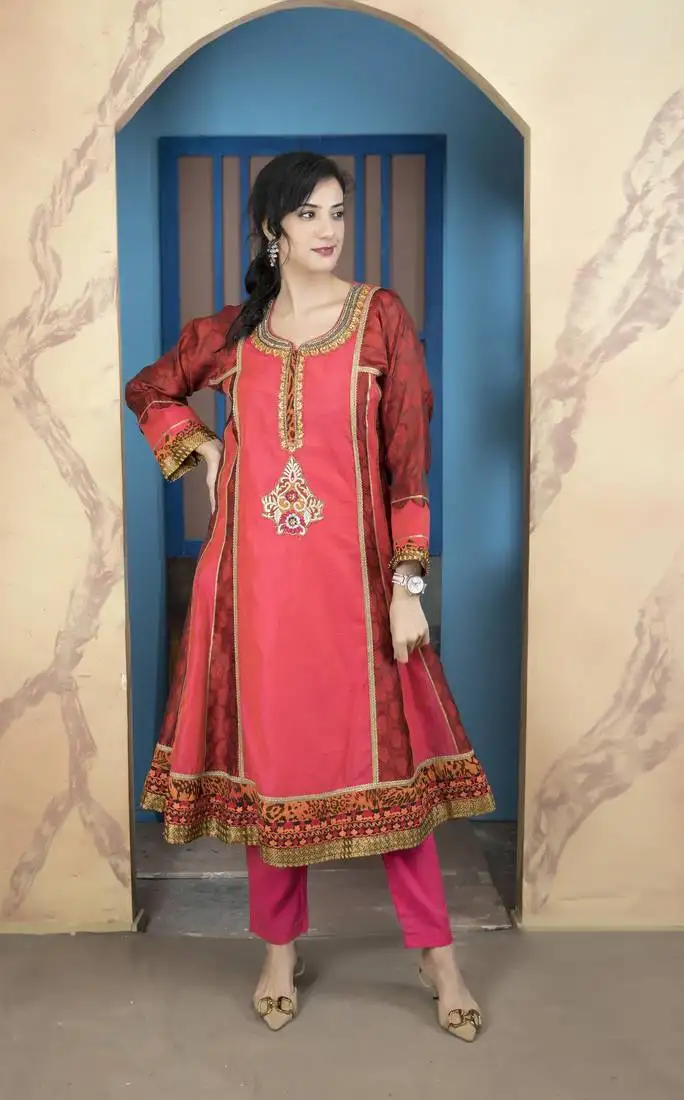 Light-pink chanderi embroidered a line kurta &
