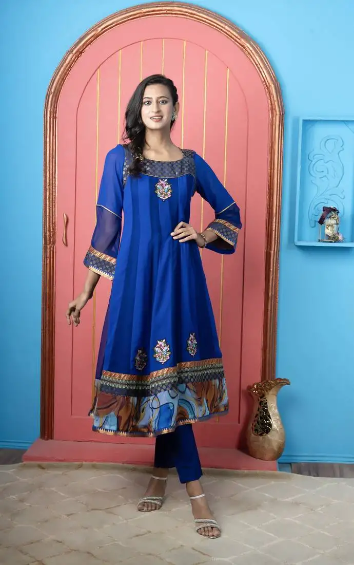 Royal-blue georgette embroidered anarkali kurta &