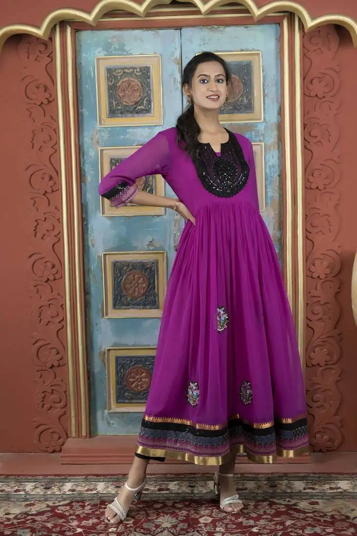 Pink georgette embroidered a line kurta &
