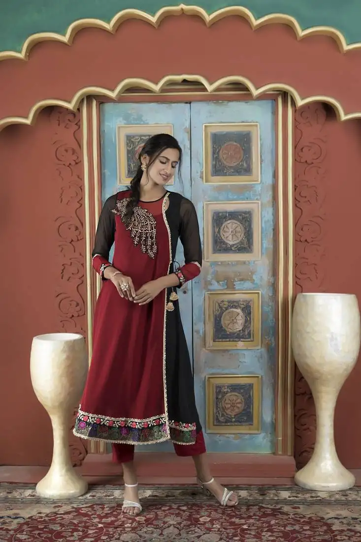 Maroon georgette embroidered asymmetrical kurta &