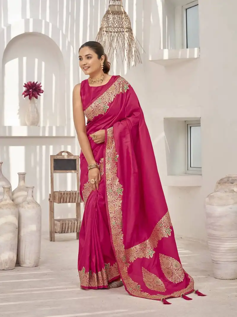 Pink banarasi soft silk blend woven jacquard saree with blouse piece