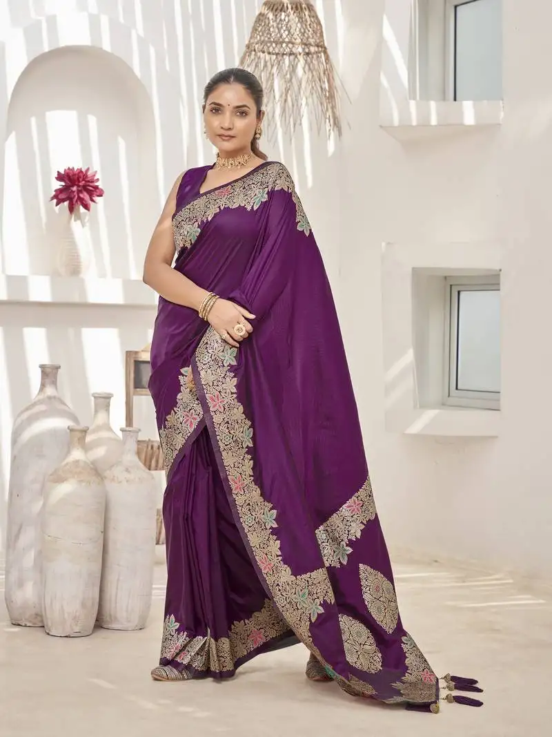 Purple banarasi soft silk blend woven jacquard saree with blouse piece