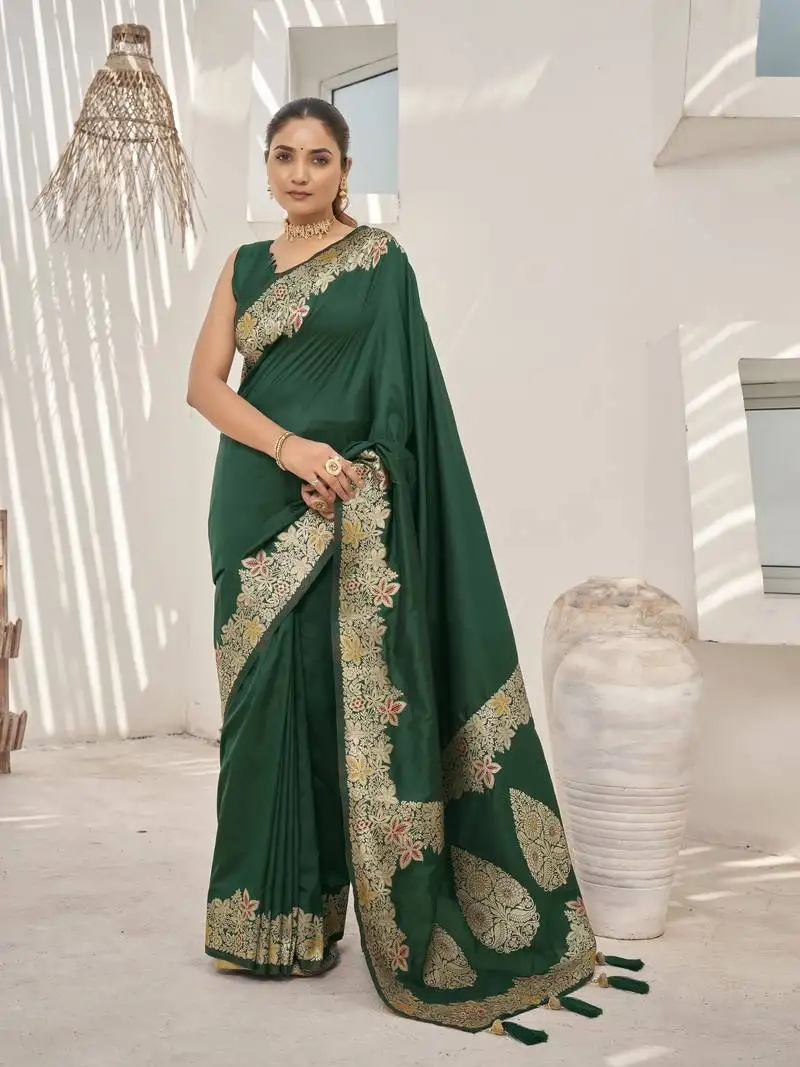 Green banarasi soft silk blend woven jacquard saree with blouse piece