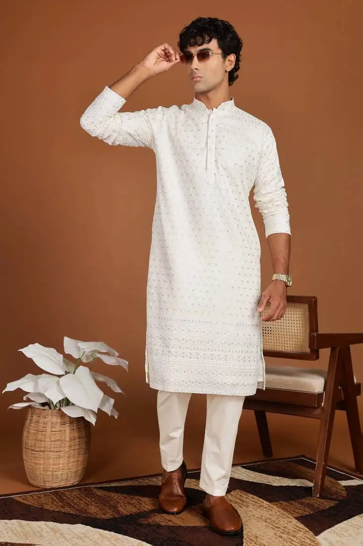 White golden glitter embroidery daman design silk kurta pajama