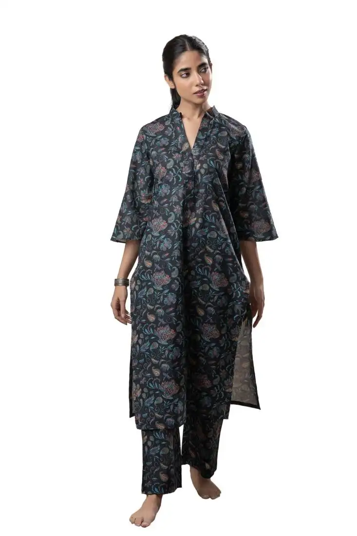 Black printed straight cotton kurta set