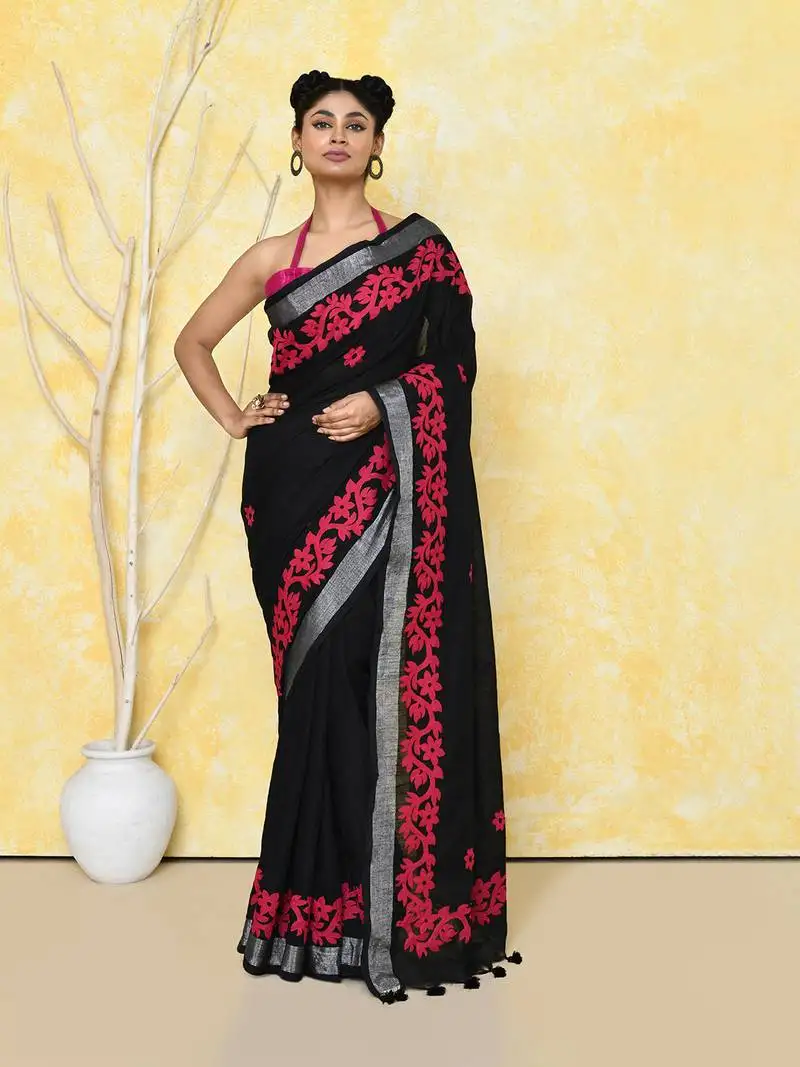 Black exclusive applique saree with blouse piece