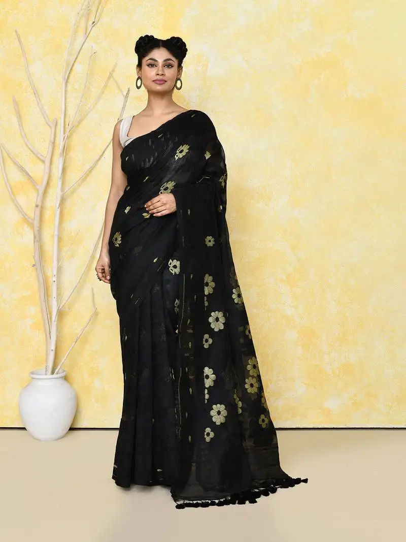 Black cotton silk jamdani saree without blouse
