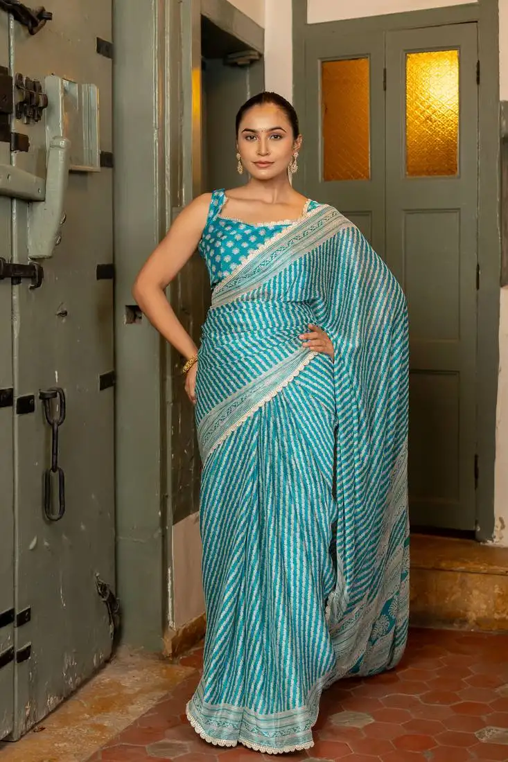 Turquoise blue chiffon stripes leheriya print zari work lace border saree with unstiched blouse piece