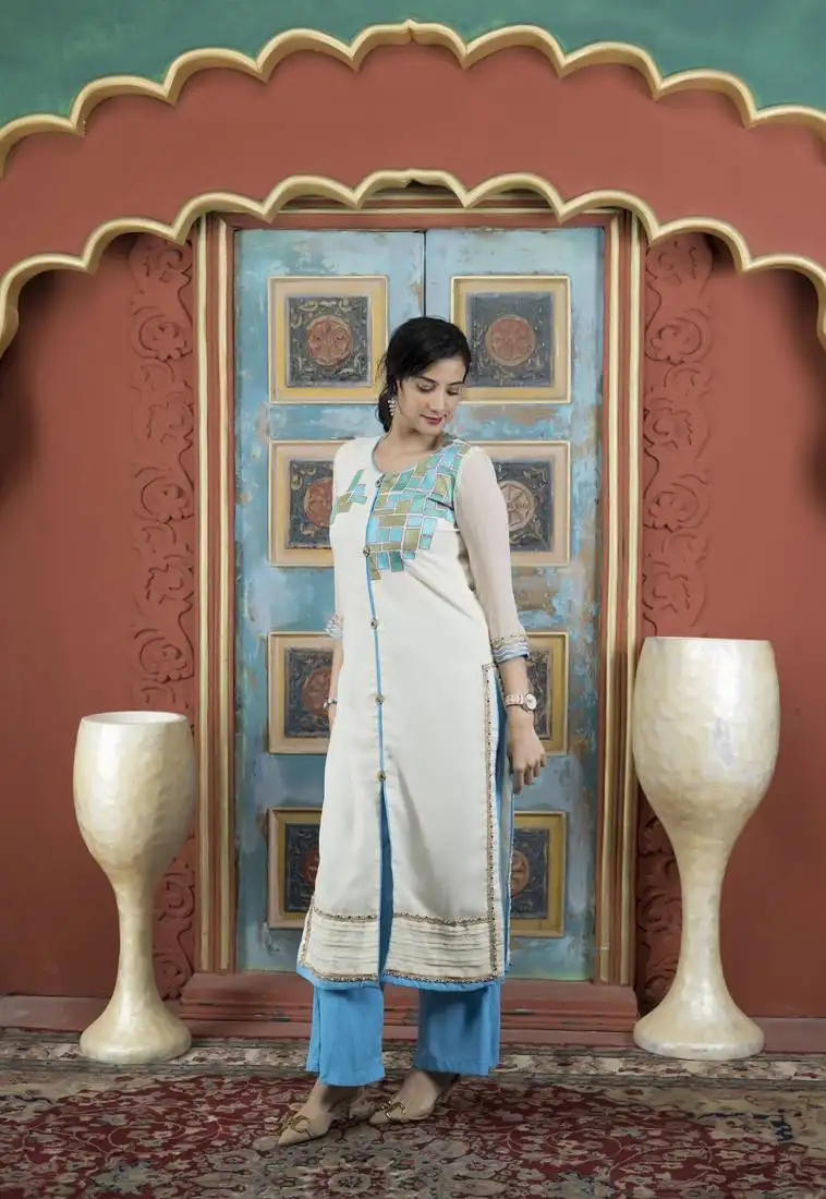 Cream georgette embroidered straight cut kurta & culottes set