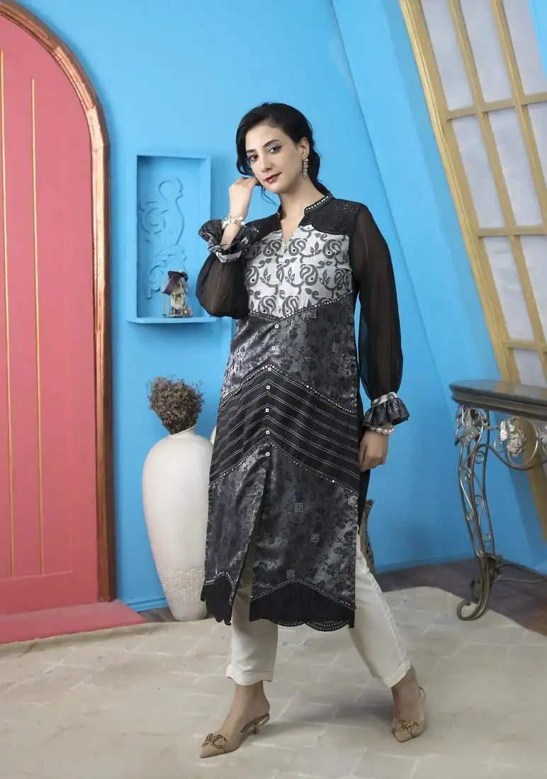 Black chanderi embroidered a line kurta & pants set