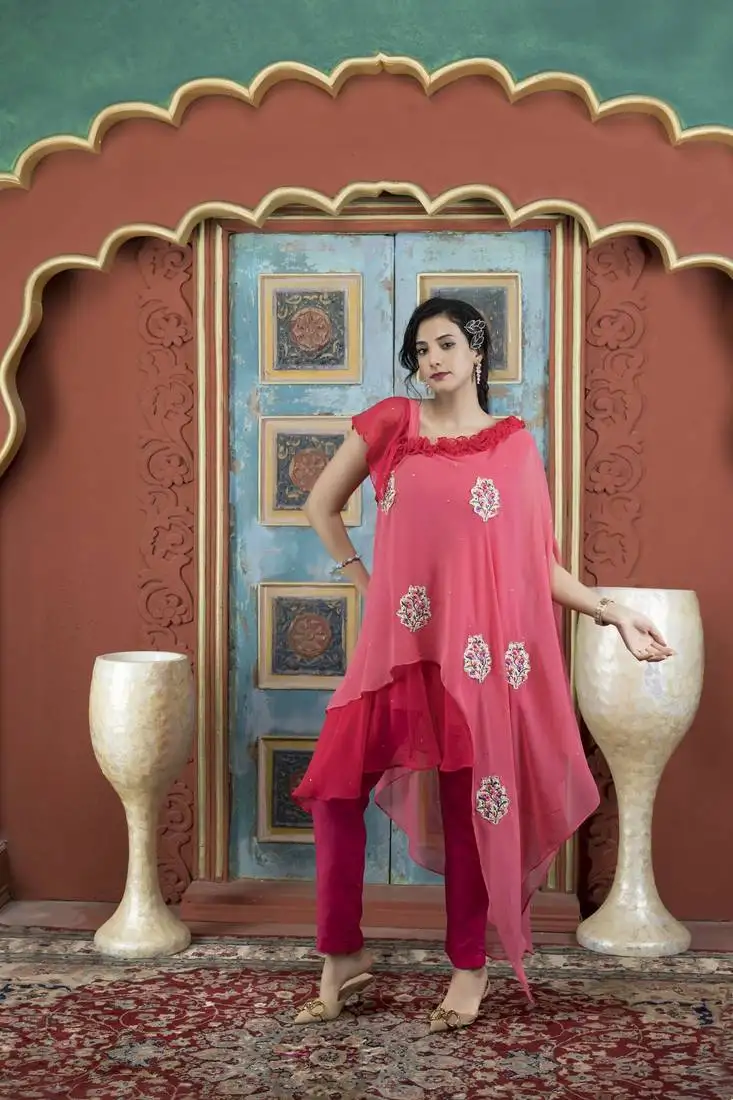 Light-pink georgette embroidered asymmetrical kurta & pants set