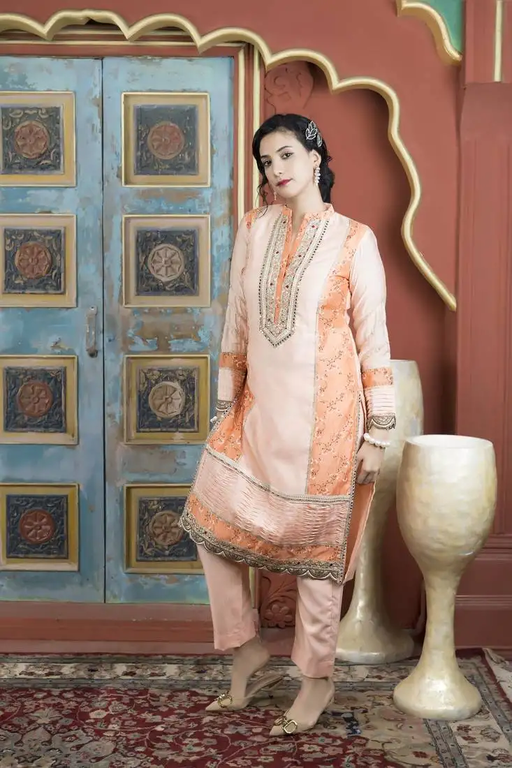 Light-peach chanderi embroidered straight cut kurta & pants set