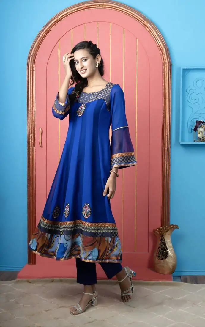 Royal-blue georgette embroidered anarkali kurta & pants set