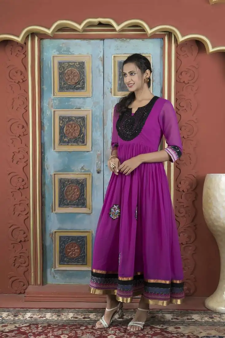 Pink georgette embroidered a line kurta & pants set