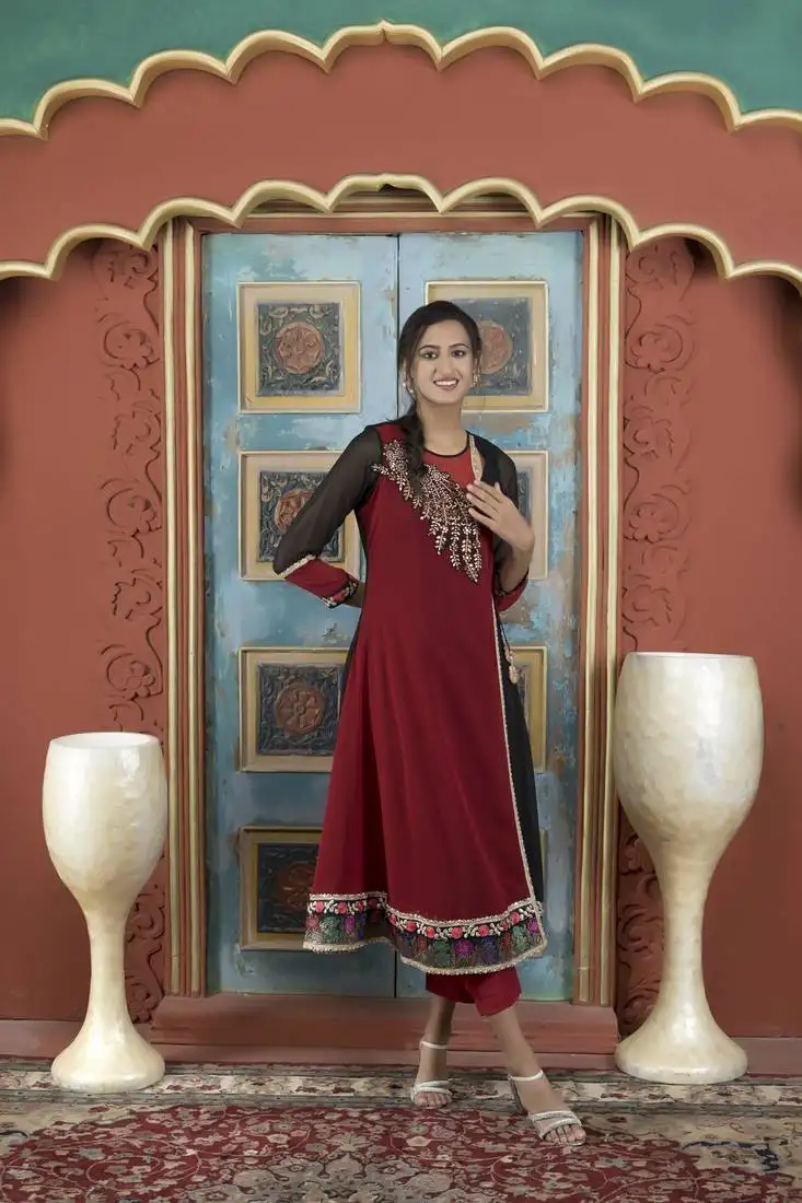 Maroon georgette embroidered asymmetrical kurta & pants set