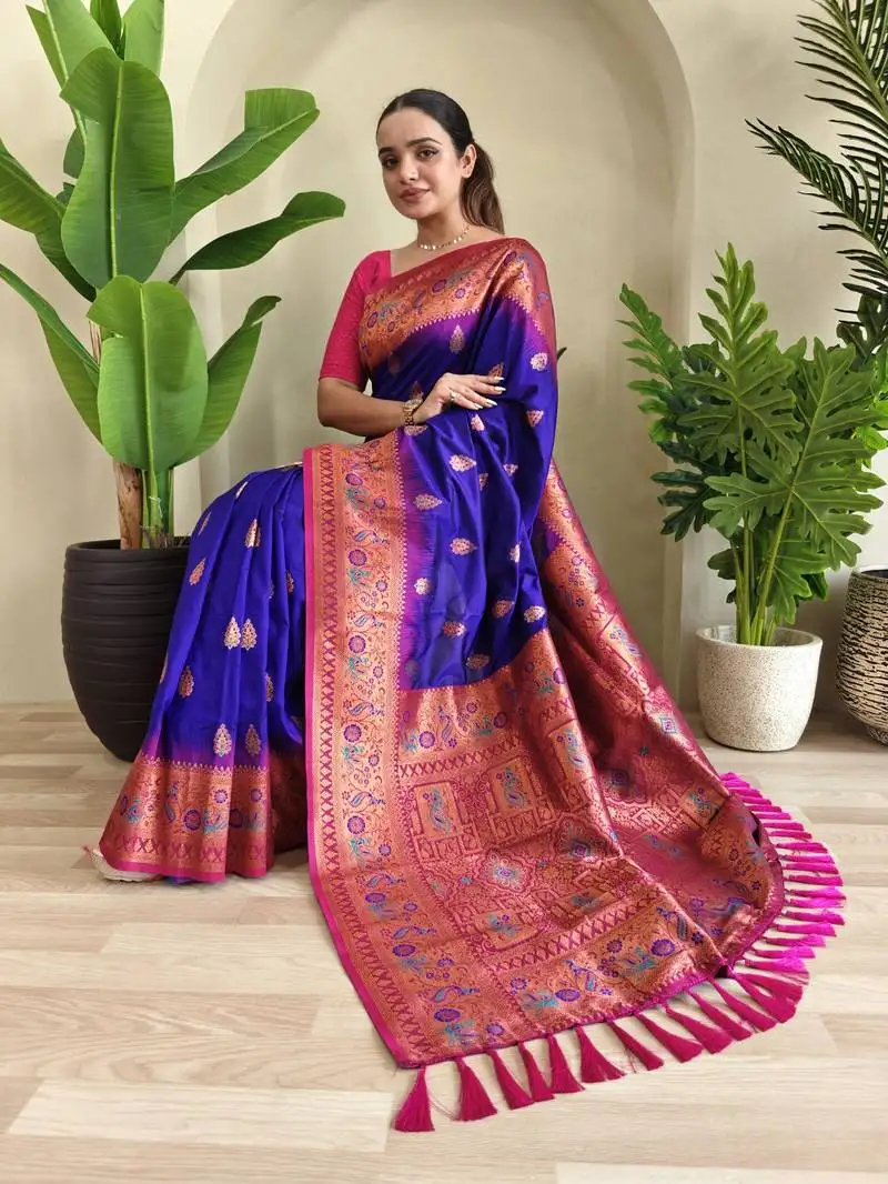 Blue soft paithani silk blend saree with zari weaving meenakari design