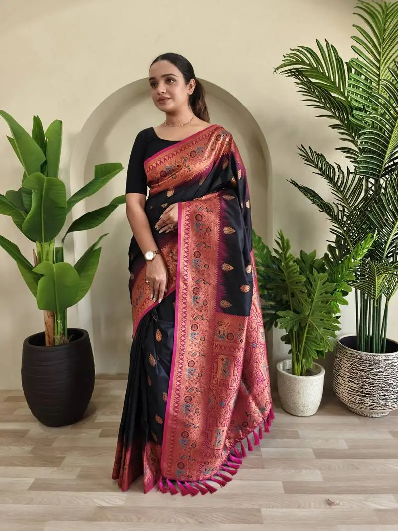 Black soft paithani silk blend saree with zari weaving meenakari design