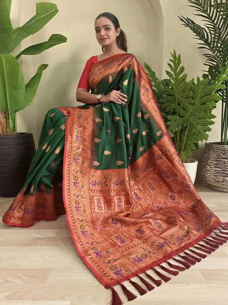 Green soft paithani silk blend saree with zari weaving meenakari design