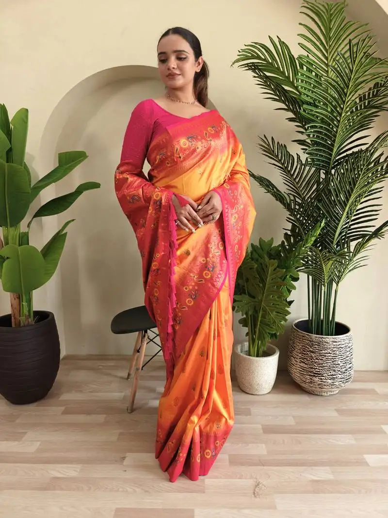 Yellow soft paithani silk blend saree with zari weaving meenakari design