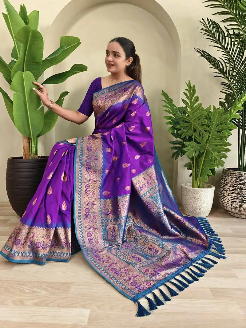 Wine soft paithani silk saree with zari weaving meenakari design