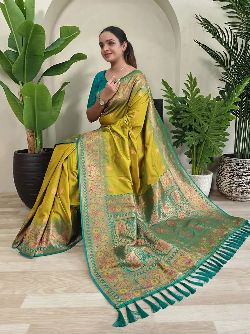 Lemon soft paithani silk blend saree with zari weaving meenakari design