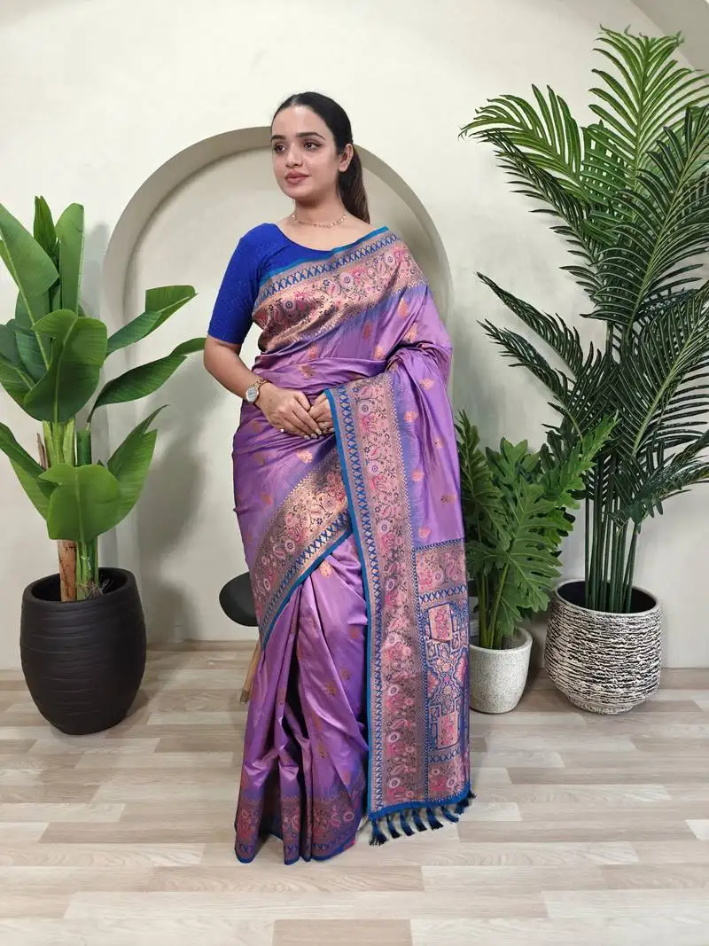 Lavender soft paithani silk blend saree with zari weaving meenakari design