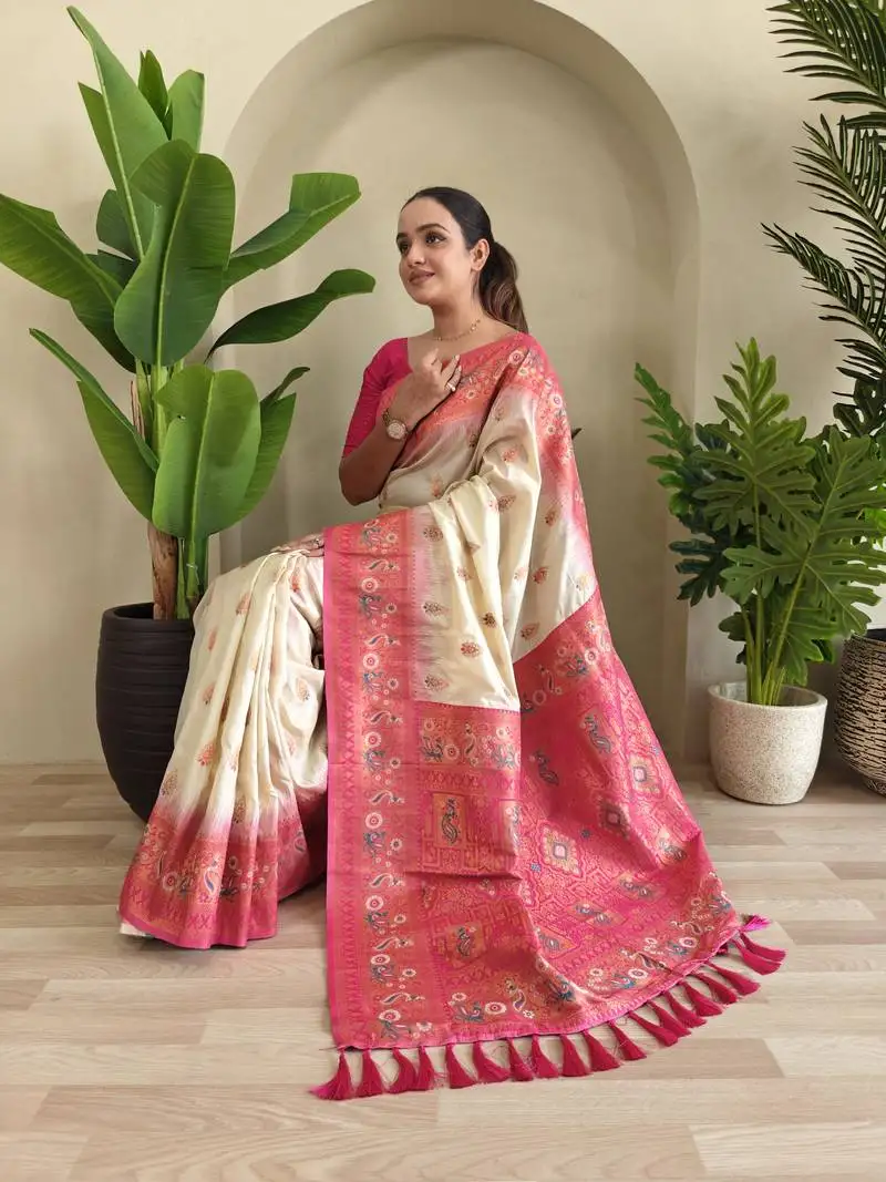 White soft paithani silk blend saree with zari weaving meenakari design